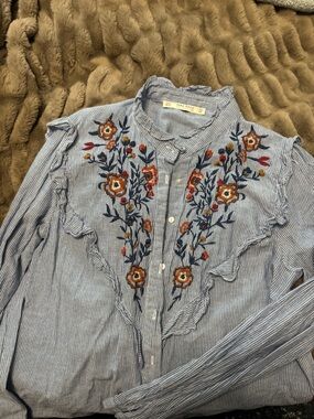 Zara Blue White Striped Button-Down Shirt with Floral Embroidery